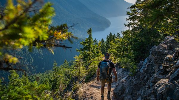 man hiking through pacific northwest mountain trail