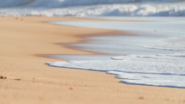 An ocean wave washes over a sandy beach
