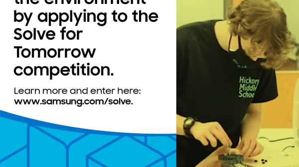 Solve for Tomorrow, Make a change in the environment by applying to the Solve for Tomorrow competition. Learn more and enter here: www.samsung.com/solve. Together for Tomorrow! Enabling People. Photo of male student wearing mask and black Hickory Middle School t-shirt working on a project.