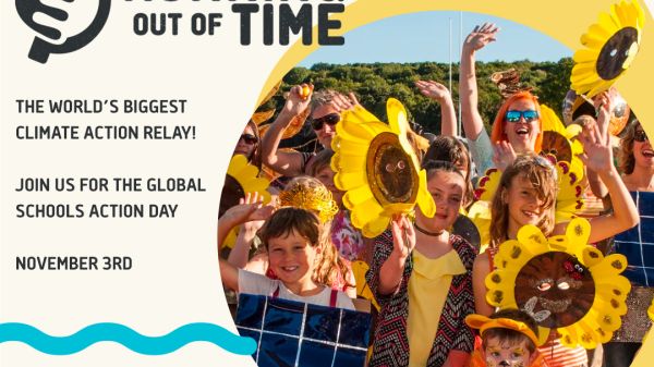 A group of children smile, holding oversized sunflower decorations. "We're taking part in Running Out of Time, the world's biggest climate action relay! Join us for the Global Schools Action Day, November 3rd"