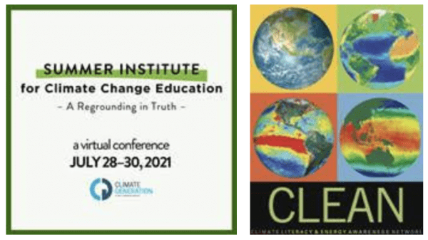 Promotional graphic reading: Summer Institute for Climate Change Education. Accompanied by a color graphic of four globes under heat maps, with the word Clean. 