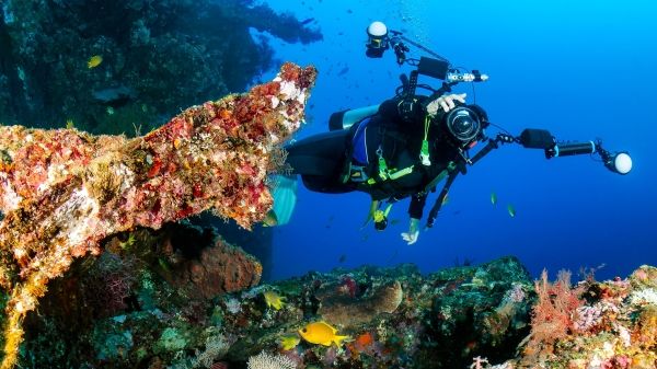 Scuba diver near a reef