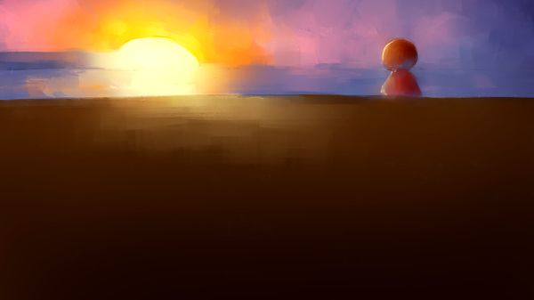 semi-abstract of girl sitting on a beach at sunset, acrylic on canvas texture