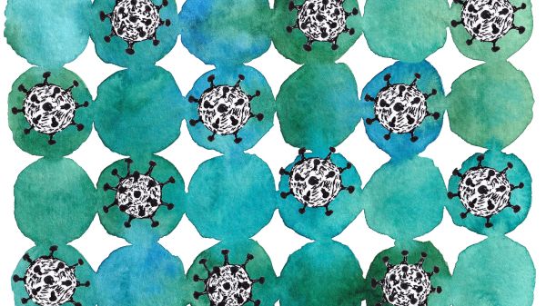 blue and green watercolor circles with black and white disease illustrations inside every other one