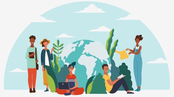 Illustration of people gathered around a globe