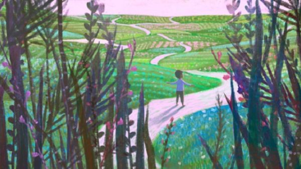 Illustration of a small boy on a path surrounded by low green mounds.