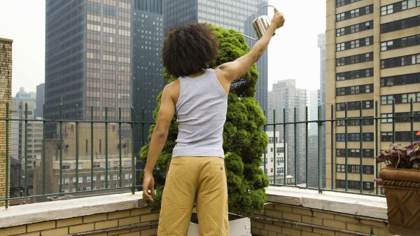 Man with curly hair watering a plant on a city rooftop (Image via Shutterstock)