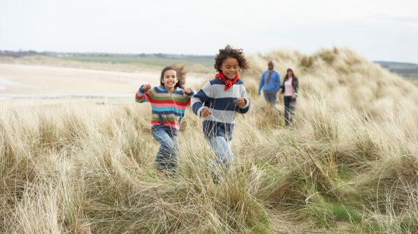 two children running through grass, ahead of two adults