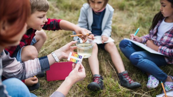 Group of school children with teacher on field trip in nature, learning science.