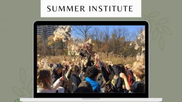 Green background with an open laptop graphic displaying a photo of a crowd outside under trees