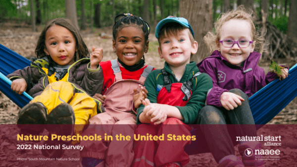 Four kids in a hammock within a forest