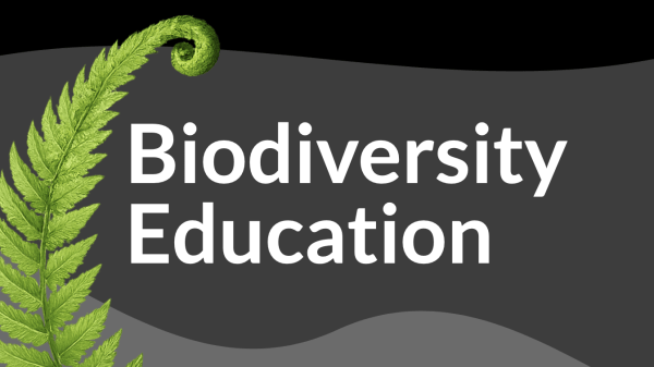 Black and gray graphic with a green fern and text that reads "Biodiversity Education"