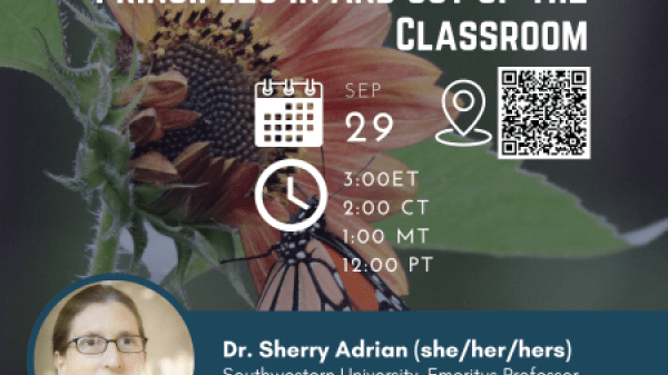 Webinar flyer showing a darkened flower with butterfly in the background and white text in front. Text is included in the body of the post.