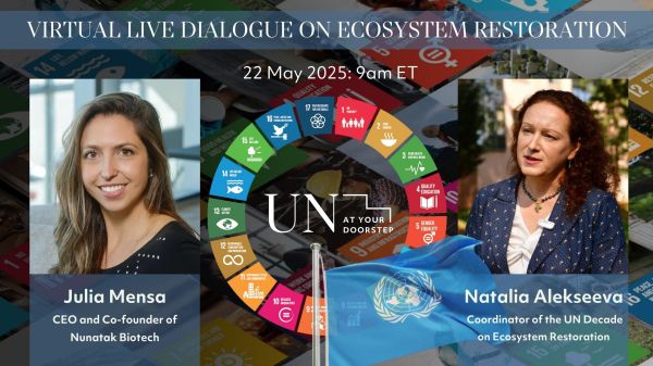 "Virtual Live Dialogue on Ecosystem Restoration" with photos of the speakers and a wheel of the sustainable development goals