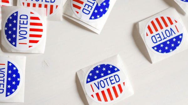 Photo of "I Voted" stickers on a white background