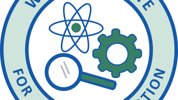 A circle bordered by a bold blue line with arched text that says "Wade Institute For Science Education" and in the inner concentric circle is a white background with three pictorial icons of a cell, a magnifying glass, and a gear