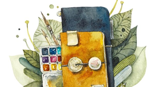 Watercolor of nature journals, leaves, paint set, and brush.