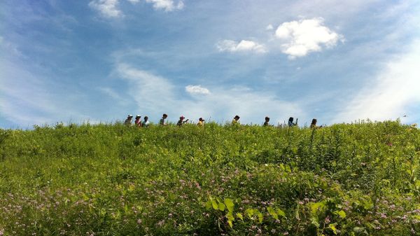 A single-file line of young people walk in the distance through a prairie. Blue sky and whispy clouds above.