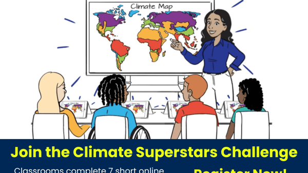 White background with an illustration of four students facing a teacher who is pointing at a world map