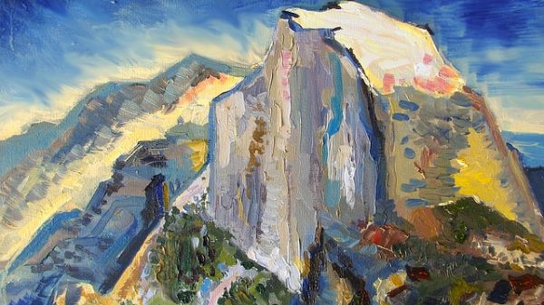 An oil painting of a large granite mountain peak