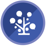 Blue circle logo. A white tree with leaves as speech bubbles graphic is in the center