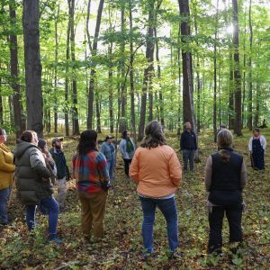 A group of people stand in a circle on a leafy forest floor; behind them are number of trees with green leaves