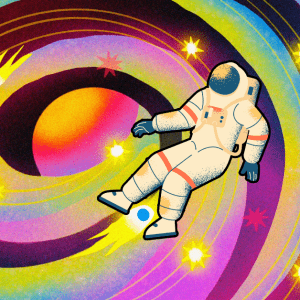A colorful illustrated depiction of an astronaut in front of a swirling galaxy of stars and a central planet