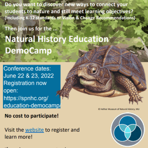 Top half of the flyer is an illustration of a forest. Below that is a photo of a tortoise. Logo at the bottom is a graphic of a logo built of circles. Outermost circle is traditional knowledge which encompasses all other fields. Ceramic pot, tree, crystal, arrowhead, trilobite, and skull graphics indicate natural history disciplines. Natural History is at the bottom of the Venn diagram. Text in the flyer is in the body of the post.