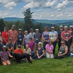 A group of educators gather at the Lundberg's property in Pittsburg, NH during the 2023 Forests of NH Teacher Tour to learn about wildife management techniques.