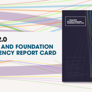 Multi-color strands weave across the background. A white horizontal bar spans the width of the graphic with overlay text that reads, "Green 2.0 2023 NGO and Foundation Transparency Report Card" and a report cover with the same text as the title,lies to the right of the text