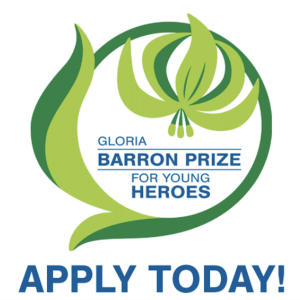 Green outline of a flower with blue text in the middle that says, "Gloria Barron Prize for Young Heroes." The blue text at the bottom of the flower logo says, "Apply Today"