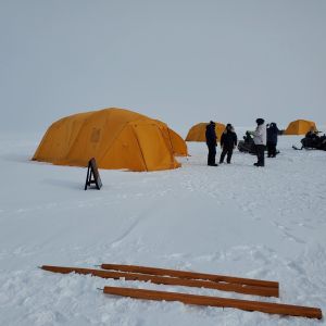 A field research camp with orange arctic tents on snow in Utqiagvik, Alaska.