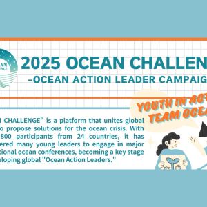 Banner reads "2025 Ocean Challenge, Ocean Action Leader Campaign; the bottom right corner features two cartoon people with one holding a megaphone and saying "Youth in Action...Team Ocean!"