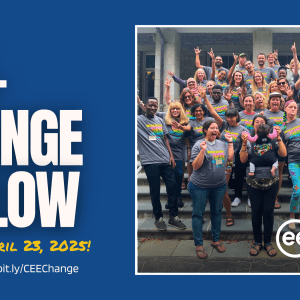 Blue rectangle with a picture of a group of people standing on some building steps to the right; text to the left reads "Become a 2025 CEE-Change Fellow, Learn more at bit.ly/CEEChange, apply by April 23, 2025!"