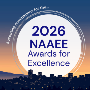 A banner featuring a silhouette skyline and sunset, advertising the 2026 NAAEE Awards for Excellence which are accepting nominations.