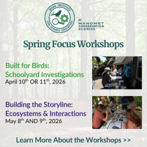 Text reads "Spring Focus Workshops, Built for Birds: Schoolyard Investigations, Building the Storyline: Ecosystems & Interactions"