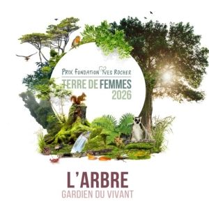 A banner for the Yves Rocher Foundation Terre de Femmes 2026 award, featuring a lush natural landscape with trees, birds, a waterfall, and wildlife.