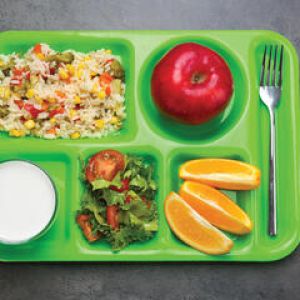 Green cafeteria tray with rice, an apple, a salad, orange slices, and a fork