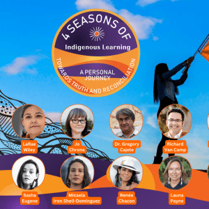 Background is a photo of a person waving an orange flag with a feather, with an overlay of multiple profile photos in circle frames