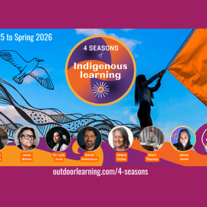 A rectangle with a blue sky background, text reads "Fall 2025 to Spring 2026, 4 Seasons of Indigenous Learning"; image behind this is a person holding an orange flag and art of a bird in flight; on the bottom is a list of speakers with pictures of each: Leona Prince, Jesse Wente, Dr. Lyla June, David Robertson, Debra Fisher, Mark Thomas, Jenna Jasek, Surprise Guest