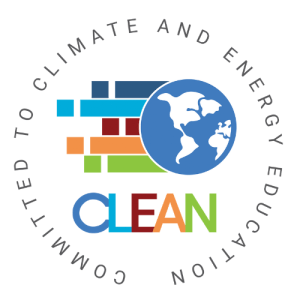 Text positioned as a circle and in all caps that reads, "Committed to Climate and Energy Education." Center of circle is a colorful graphic of a globe and the word CLEAN.