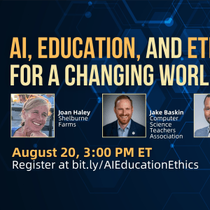 Person touches digital hologram of technology icons, with the words "AI, Education, and Ethics in a Changing World" to the right.