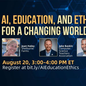 Person touches digital hologram of technology icons, with the words "AI, Education, and Ethics in a Changing World" to the right.