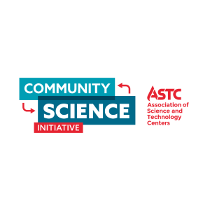 Two logos, one in blue displaying "Community Science Initiative" and the other displaying "ASTC, Association of Science and Technology Centers"
