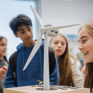 Students gather around a scaled model of a wind turbine (likely an AI-generated stock photo).