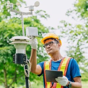 A person wearing a high-vis vest and hardhat examines an air quality monitor installed outside.