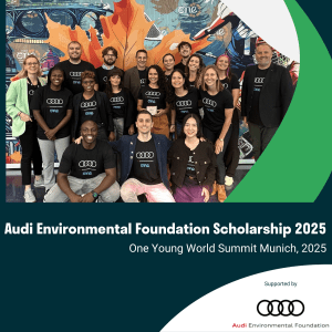 Group photo of young people in black t-shirts with Audi rings logo, and the Audi logo on the right.