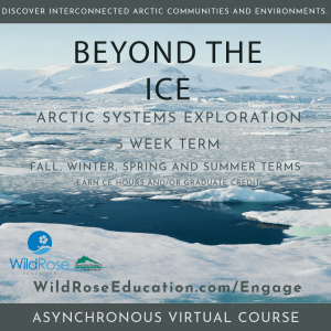 Image of melting glaciers over water; text reads "Beyond the Ice, Arctic Systems Exploration, 5 Week Term, Fall, Winter, Spring and Summer Terms"