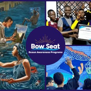 A three photo collage, showing student art of painters painting in a flooded hallway, a teacher celebrating with his students, and a student raising his hand during a discussion about a mural.