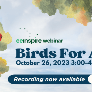 Watercolor trees with birds and the text "eeWEBINAR; Birds for All"